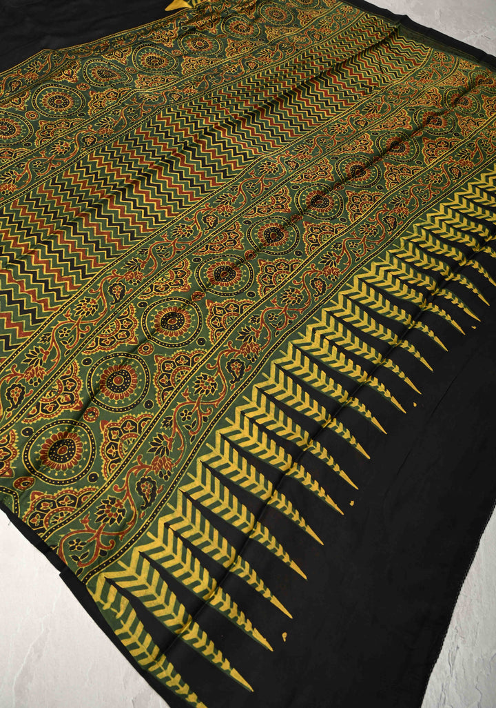 Black Modal Silk Saree with Ajrakh Hand Block Print