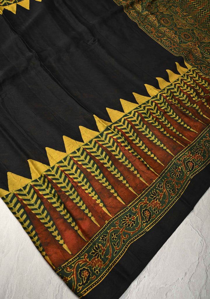 Black Modal Silk Saree with Ajrakh Hand Block Print