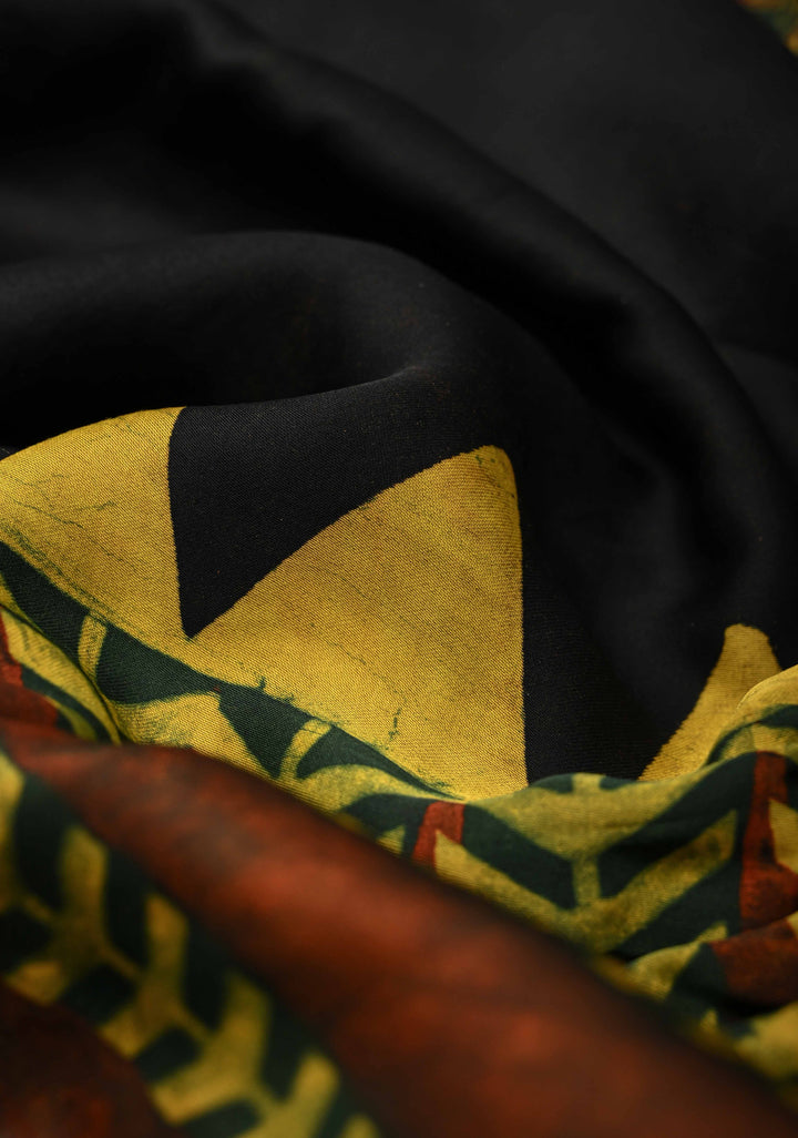 Black Modal Silk Saree with Ajrakh Hand Block Print