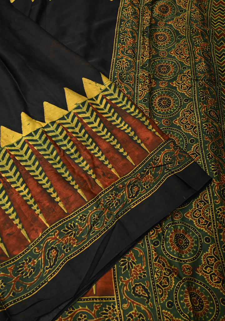 Black Modal Silk Saree with Ajrakh Hand Block Print