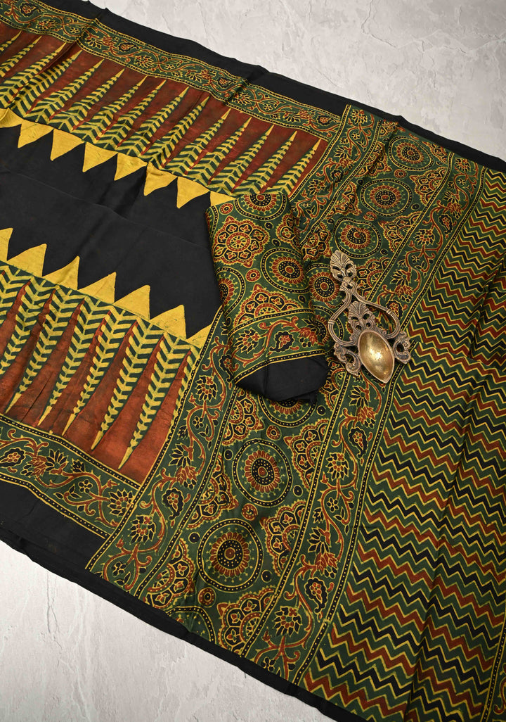 Black Modal Silk Saree with Ajrakh Hand Block Print