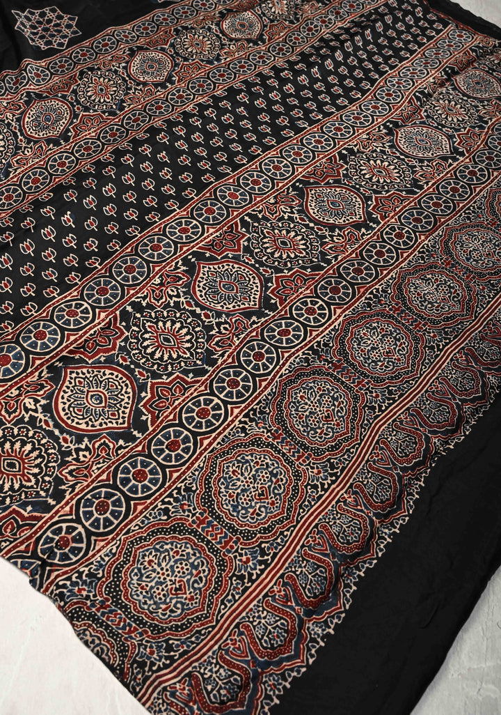 Black Modal Silk Saree with Ajrakh Hand Block Print