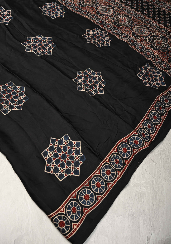 Black Modal Silk Saree with Ajrakh Hand Block Print