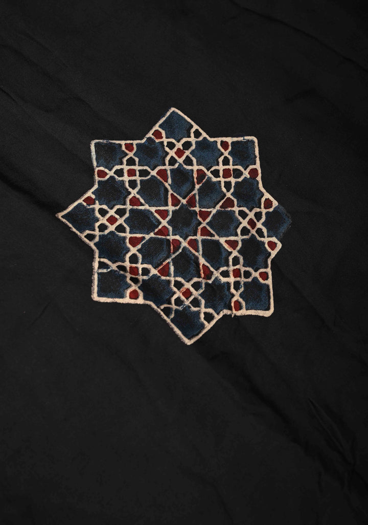 Black Modal Silk Saree with Ajrakh Hand Block Print