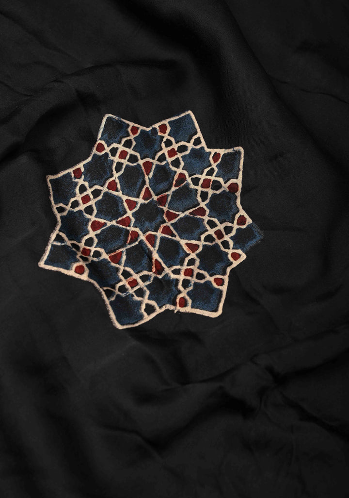 Black Modal Silk Saree with Ajrakh Hand Block Print