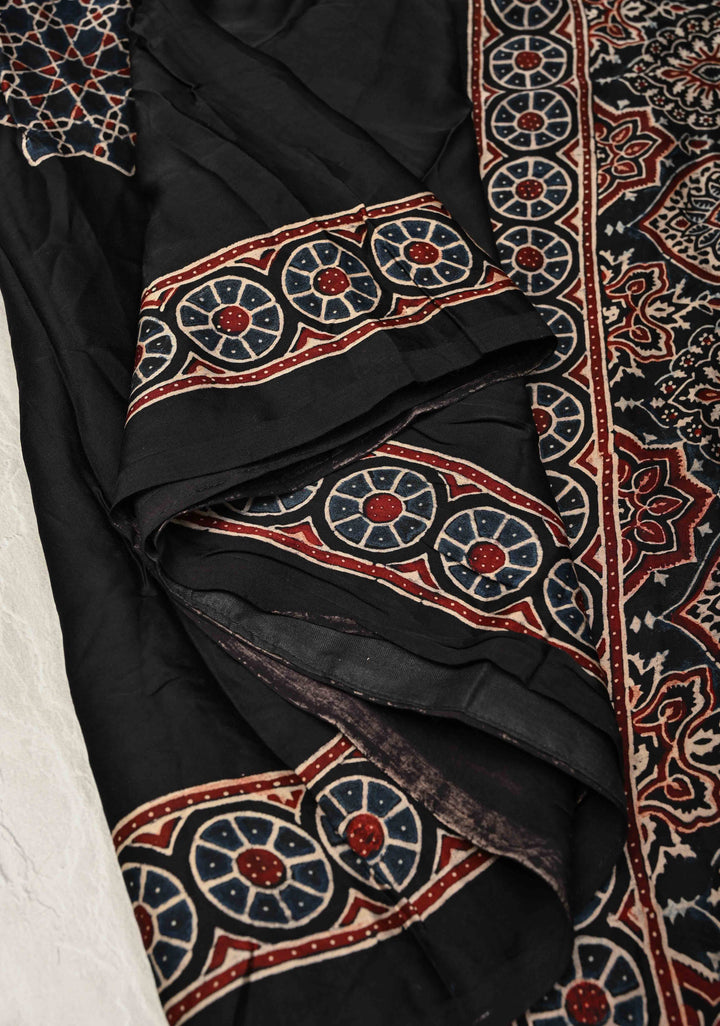 Black Modal Silk Saree with Ajrakh Hand Block Print