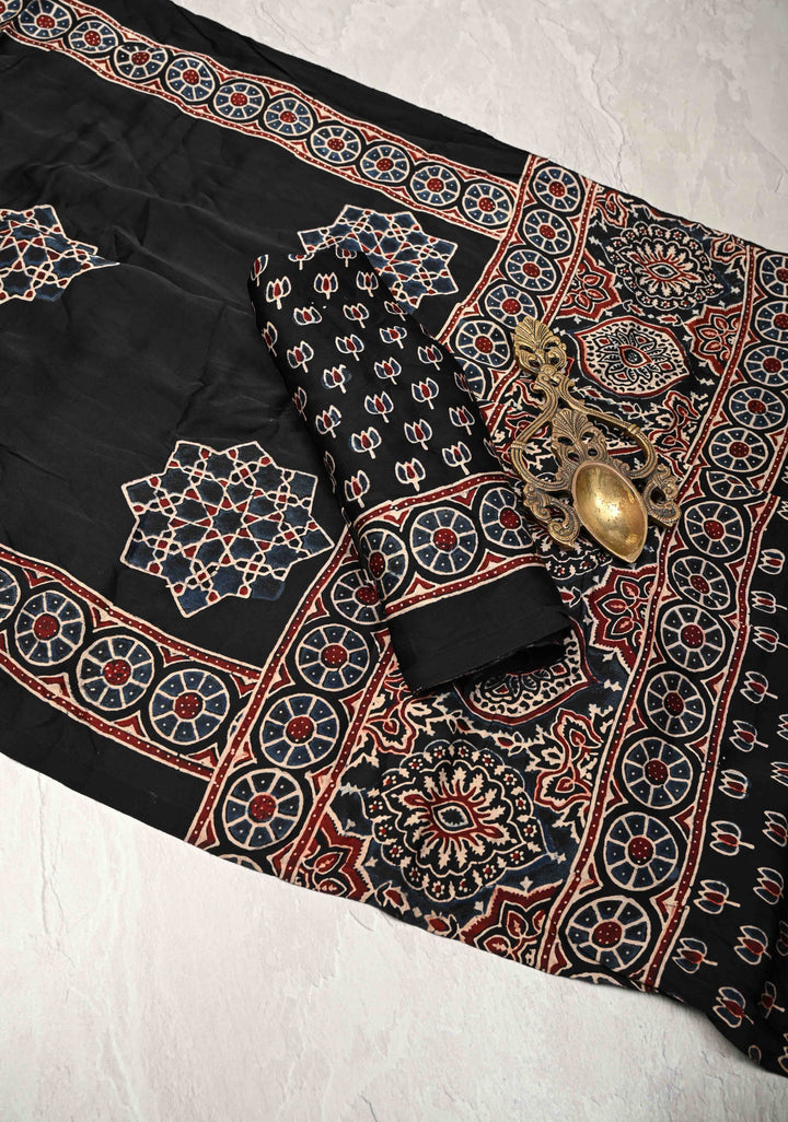 Black Modal Silk Saree with Ajrakh Hand Block Print