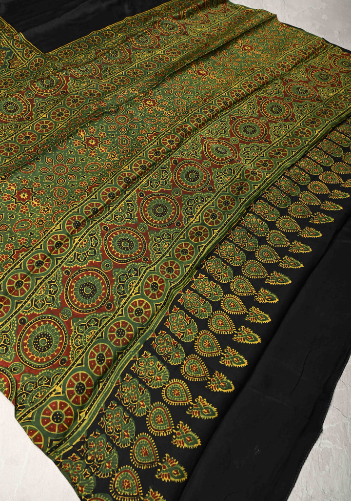 Black and Green Vanaspati Floral Hand Block Print on Modal Silk Saree