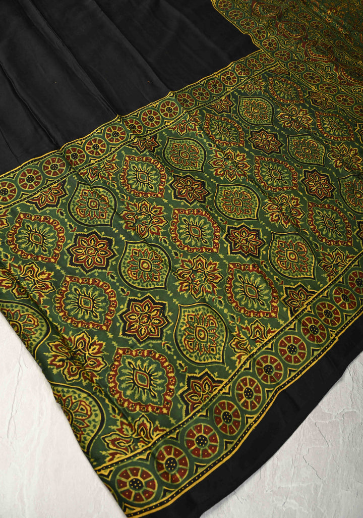 Black and Green Vanaspati Floral Hand Block Print on Modal Silk Saree