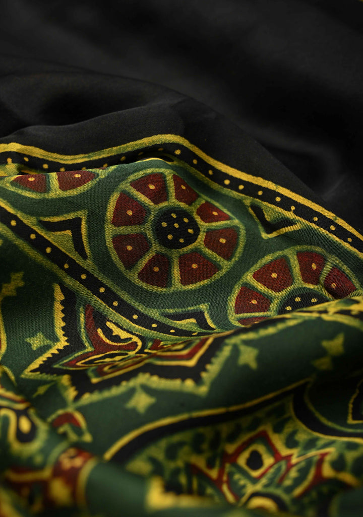Black and Green Vanaspati Floral Hand Block Print on Modal Silk Saree