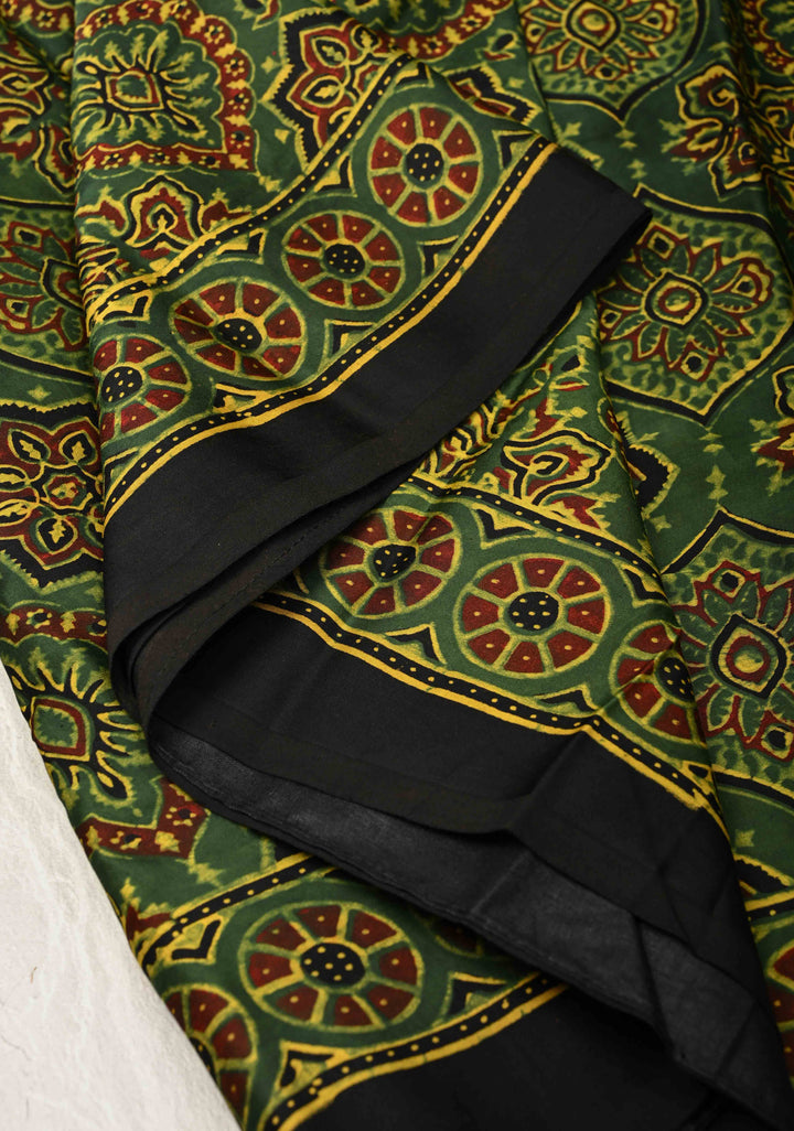Black and Green Vanaspati Floral Hand Block Print on Modal Silk Saree