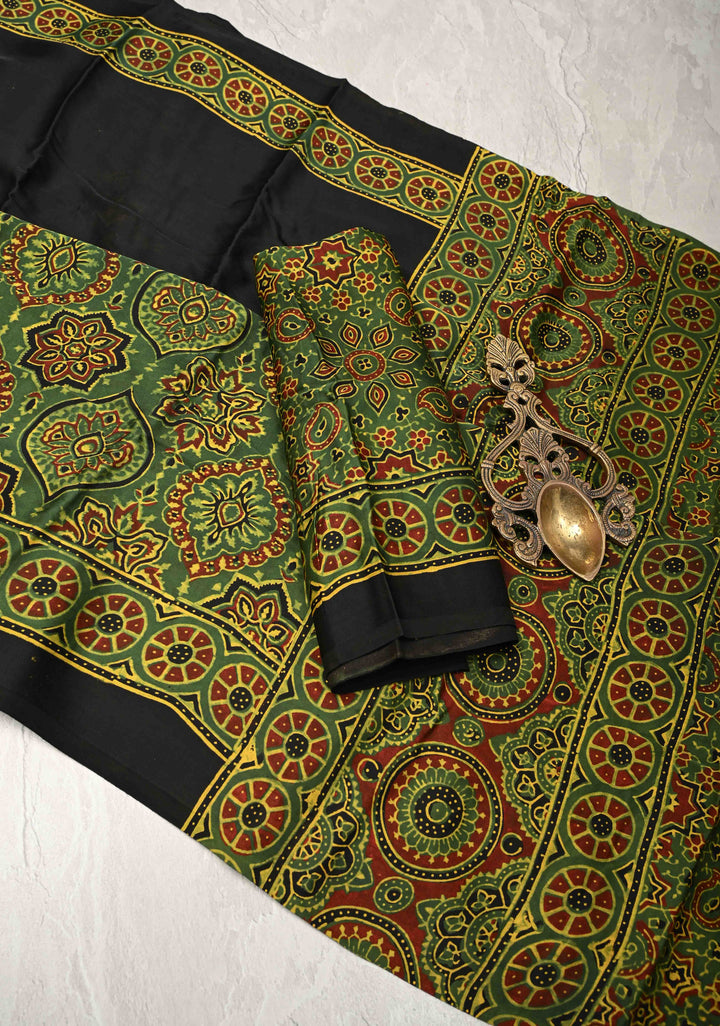 Black and Green Vanaspati Floral Hand Block Print on Modal Silk Saree