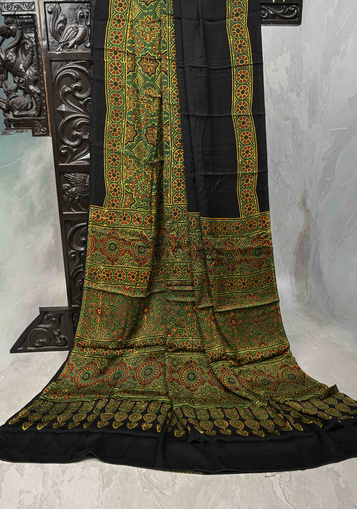 Black and Green Vanaspati Floral Hand Block Print on Modal Silk Saree