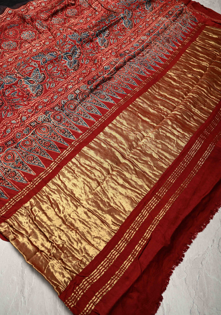 Black Modal Silk Saree with Ajrakh Hand Block Print with crushed Pallu