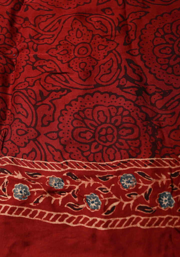 Black Modal Silk Saree with Ajrakh Hand Block Print with crushed Pallu