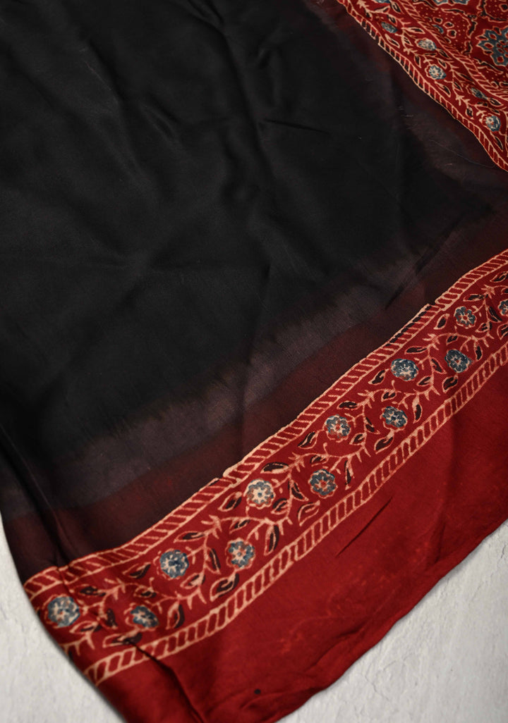 Black Modal Silk Saree with Ajrakh Hand Block Print with crushed Pallu