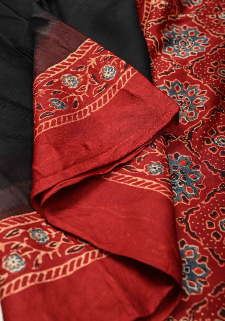 Black Modal Silk Saree with Ajrakh Hand Block Print with crushed Pallu