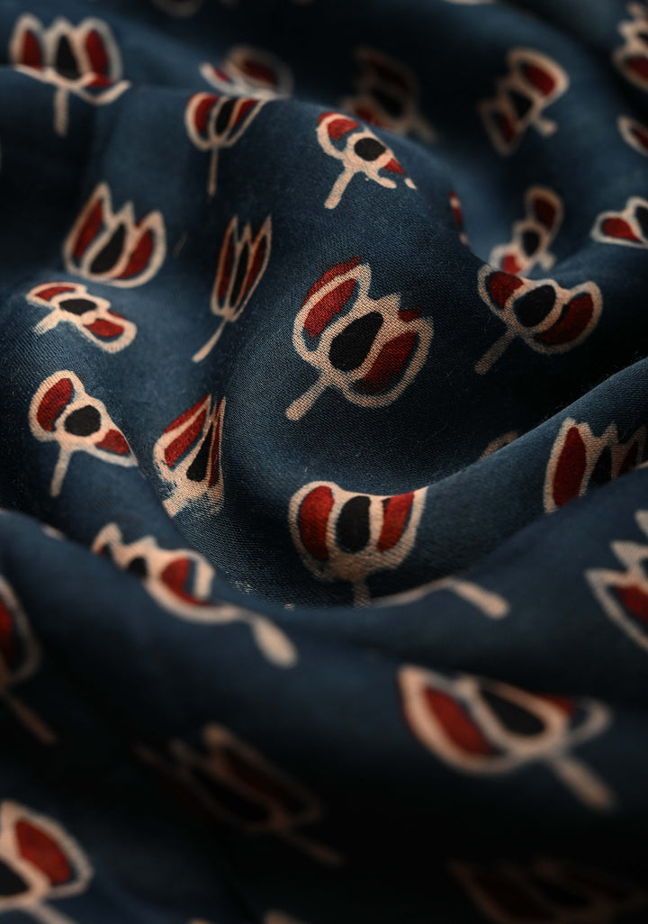 Blue Ajrakh Hand Block Print on Modal Silk Saree