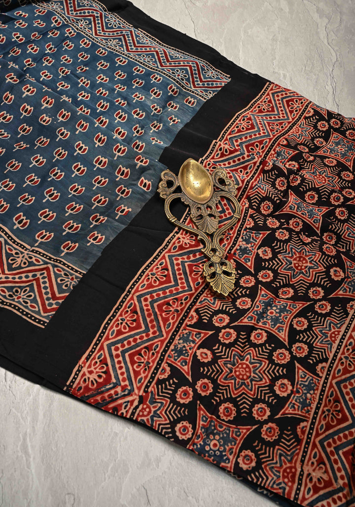 Blue Ajrakh Hand Block Print on Modal Silk Saree