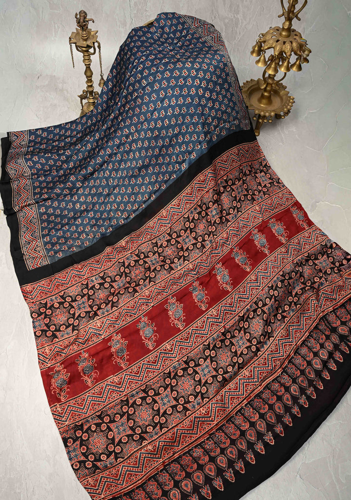 Blue Ajrakh Hand Block Print on Modal Silk Saree