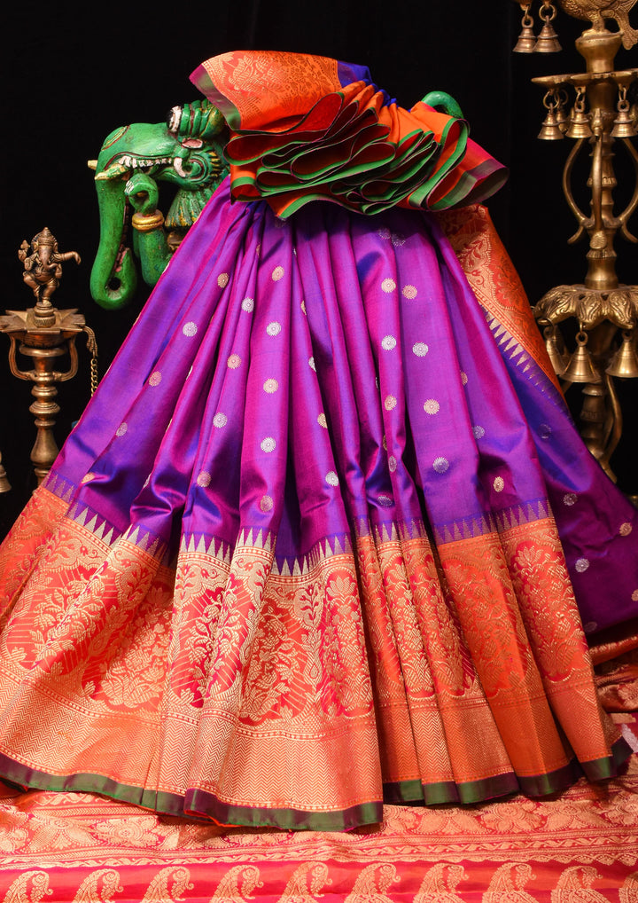Purple  Gadwal Silk saree with 2 side Persian arch Zari Borders | SILK MARK CERTIFIED