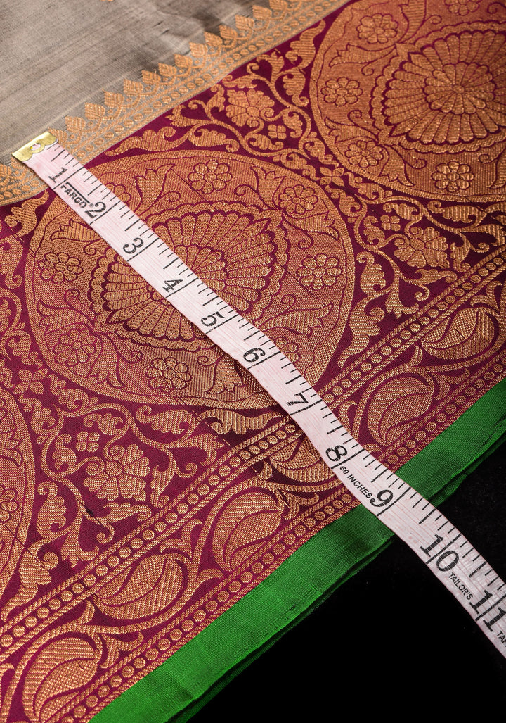 Gray and Maroon Pure Gadwal Silk saree with Meenakari Buttas and Wide Border | SILK MARK CERTIFIED