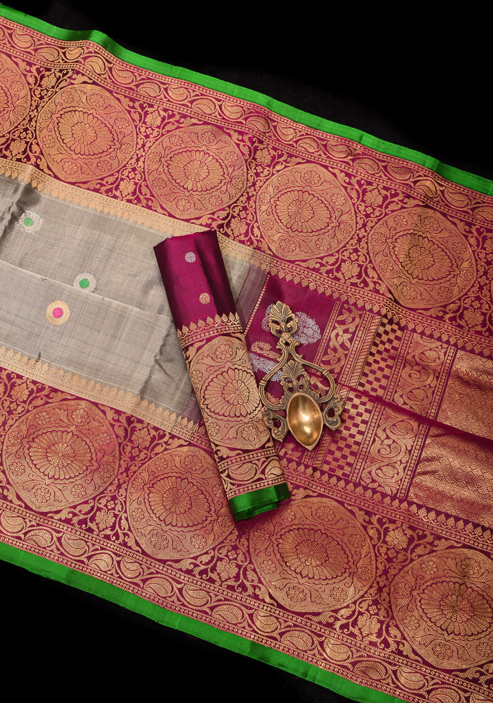 Gray and Maroon Pure Gadwal Silk saree with Meenakari Buttas and Wide Border | SILK MARK CERTIFIED