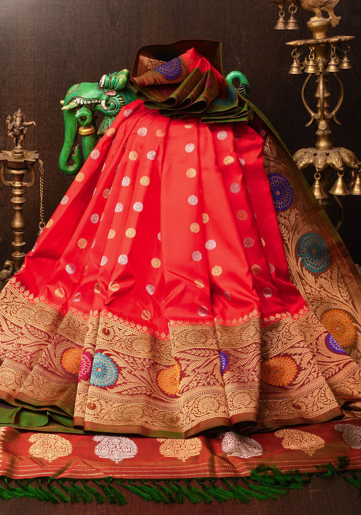 Red Pure Gadwal Silk Saree with Zari Butta and Meenakari Border | SILK MARK CERTIFIED