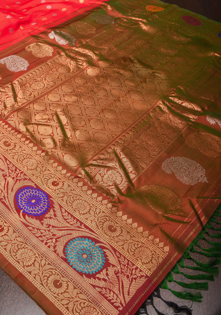 Red Pure Gadwal Silk Saree with Zari Butta and Meenakari Border | SILK MARK CERTIFIED