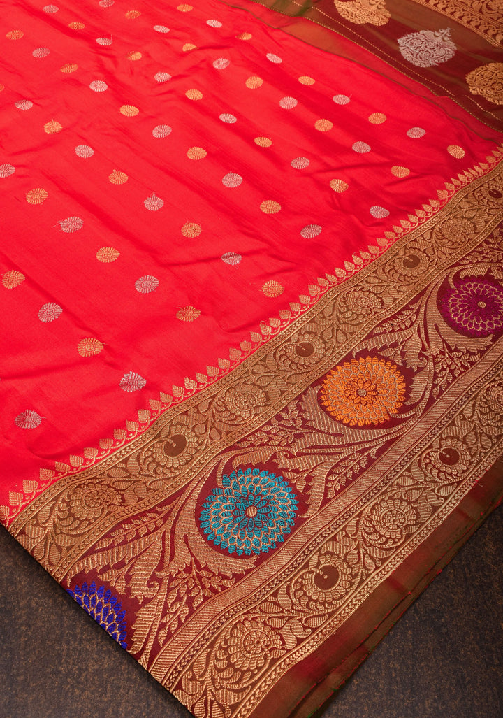 Red Pure Gadwal Silk Saree with Zari Butta and Meenakari Border | SILK MARK CERTIFIED