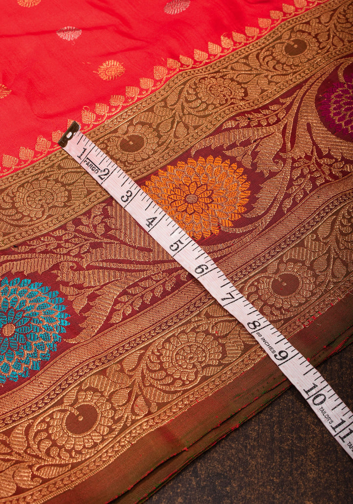 Red Pure Gadwal Silk Saree with Zari Butta and Meenakari Border | SILK MARK CERTIFIED