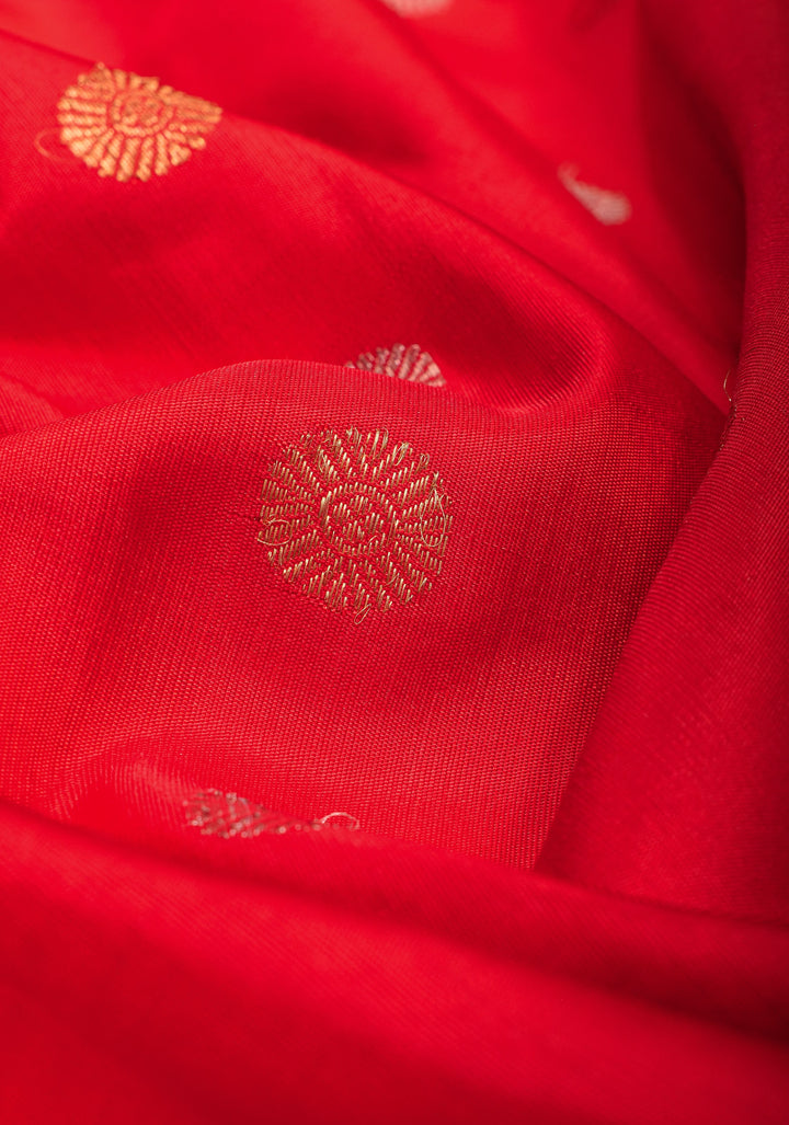 Red Pure Gadwal Silk Saree with Zari Butta and Meenakari Border | SILK MARK CERTIFIED