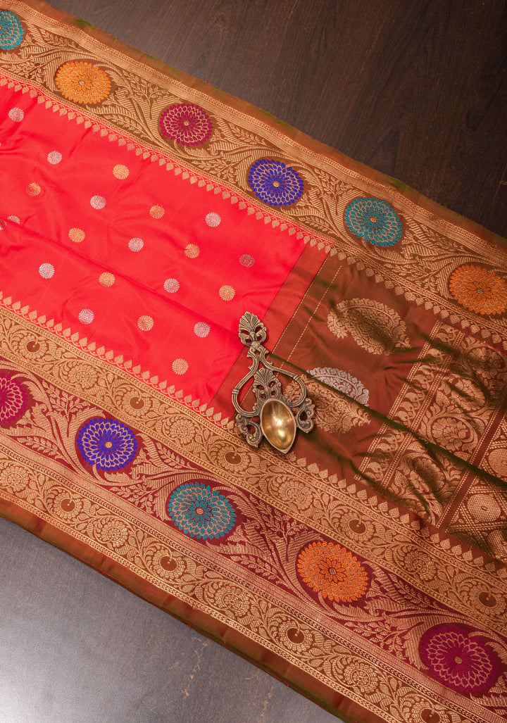 Red Pure Gadwal Silk Saree with Zari Butta and Meenakari Border | SILK MARK CERTIFIED