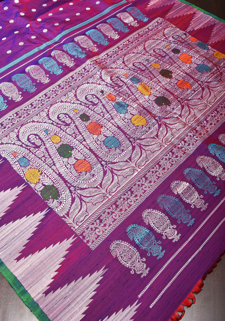 Pure Tussar Silk Gadwal Saree in Purple with Temple Tussar Borders | SILK MARK CERTIFIED