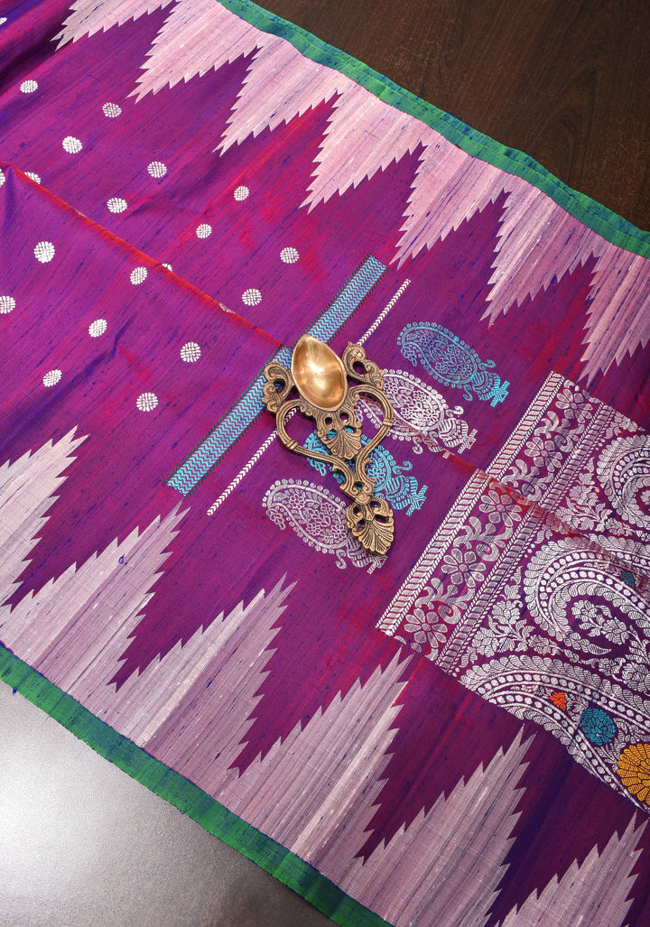 Pure Tussar Silk Gadwal Saree in Purple with Temple Tussar Borders | SILK MARK CERTIFIED