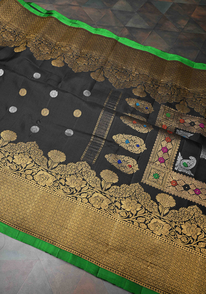 Black Gadwal Pure Silk Saree with Sona Rupa Buttas and Gold Zari Border | SILK MARK CERTIFIED