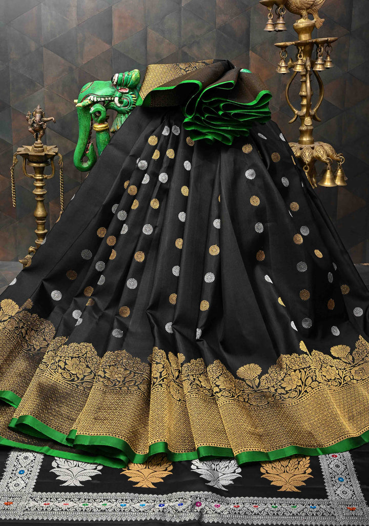 Black Gadwal Pure Silk Saree with Sona Rupa Buttas and Gold Zari Border | SILK MARK CERTIFIED
