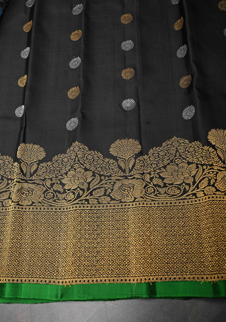Black Gadwal Pure Silk Saree with Sona Rupa Buttas and Gold Zari Border | SILK MARK CERTIFIED
