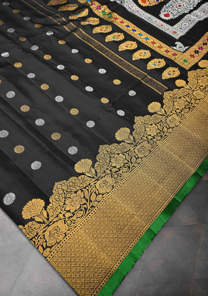 Black Gadwal Pure Silk Saree with Sona Rupa Buttas and Gold Zari Border | SILK MARK CERTIFIED