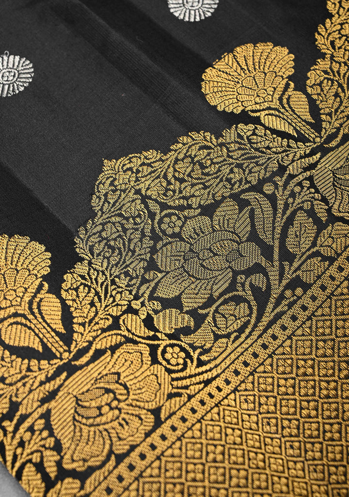 Black Gadwal Pure Silk Saree with Sona Rupa Buttas and Gold Zari Border | SILK MARK CERTIFIED