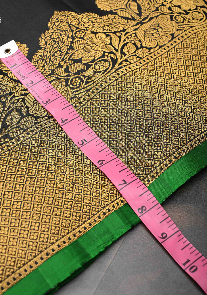 Black Gadwal Pure Silk Saree with Sona Rupa Buttas and Gold Zari Border | SILK MARK CERTIFIED