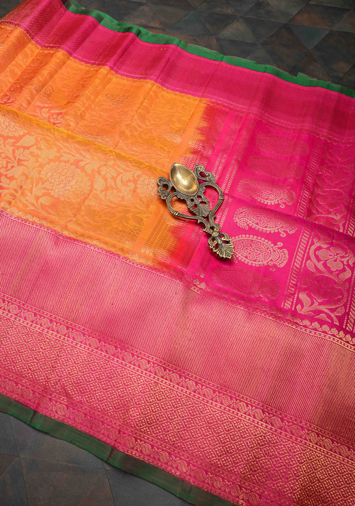 Orange Dual Tone Gadwal Pure Silk Saree with Brocade and Contrast Border| SILK MARK CERTIFIED