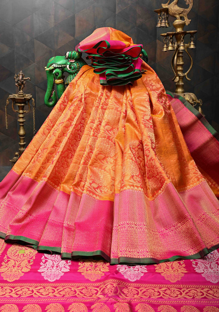 Orange Dual Tone Gadwal Pure Silk Saree with Brocade and Contrast Border| SILK MARK CERTIFIED