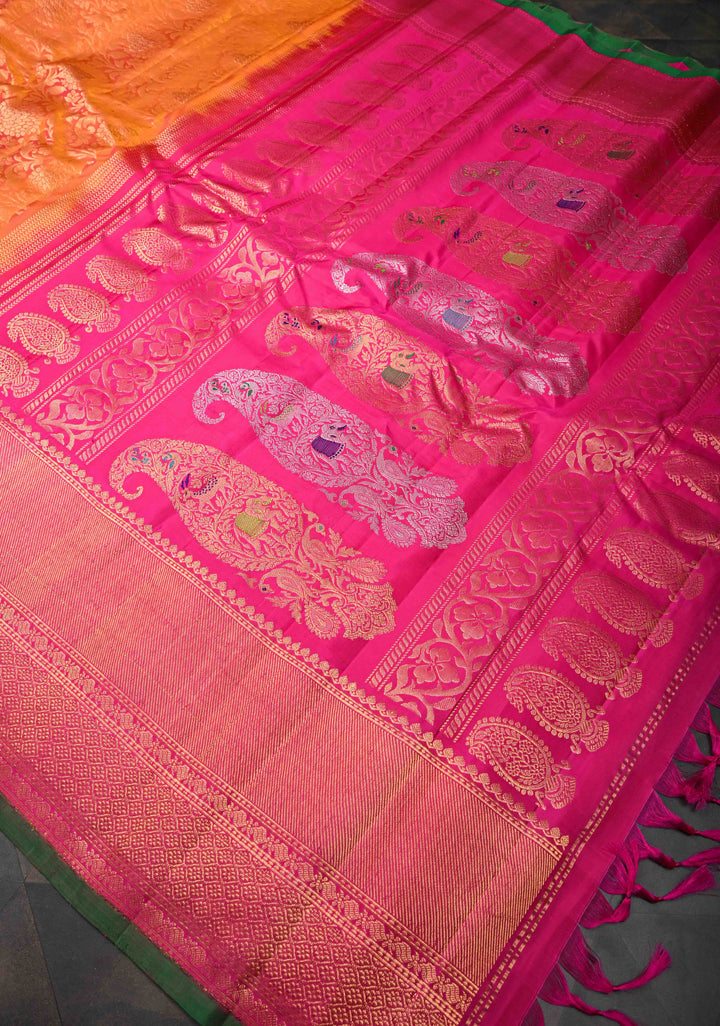 Orange Dual Tone Gadwal Pure Silk Saree with Brocade and Contrast Border| SILK MARK CERTIFIED