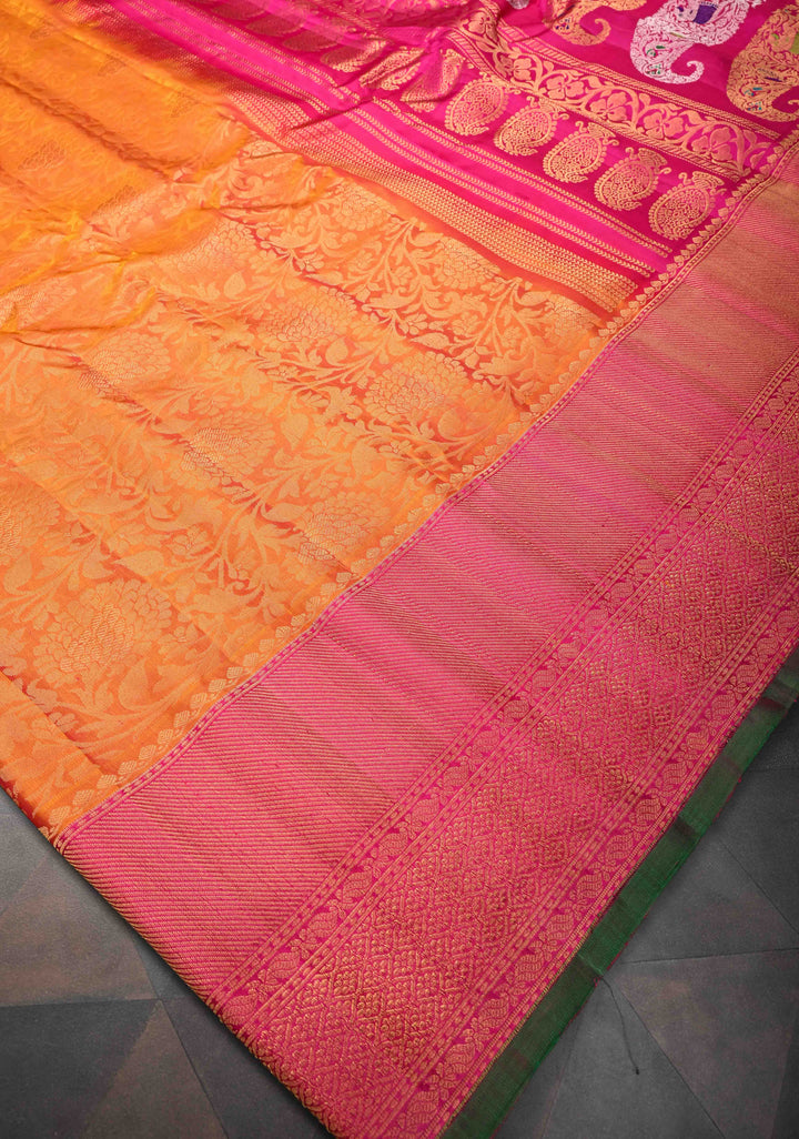 Orange Dual Tone Gadwal Pure Silk Saree with Brocade and Contrast Border| SILK MARK CERTIFIED