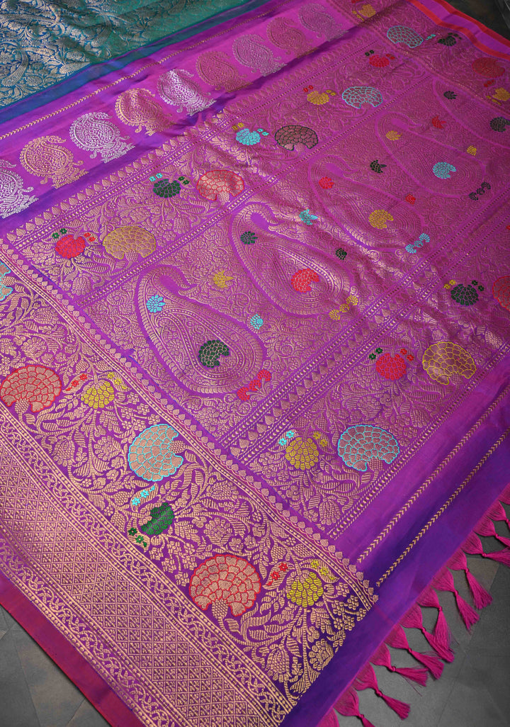 Stunning Peacock Blue Gadwal Pure Silk Saree with Pashmina Brocade and Meenakari Magenta Pallu | SILK MARK CERTIFIED