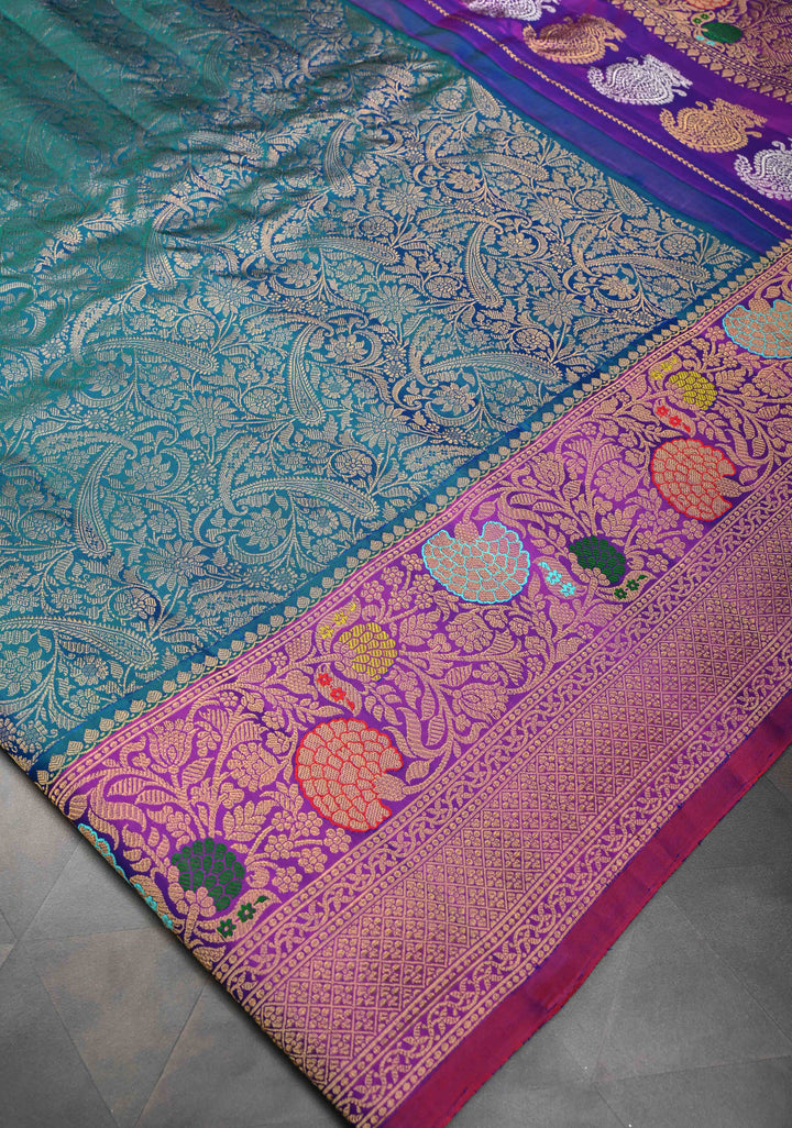 Stunning Peacock Blue Gadwal Pure Silk Saree with Pashmina Brocade and Meenakari Magenta Pallu | SILK MARK CERTIFIED