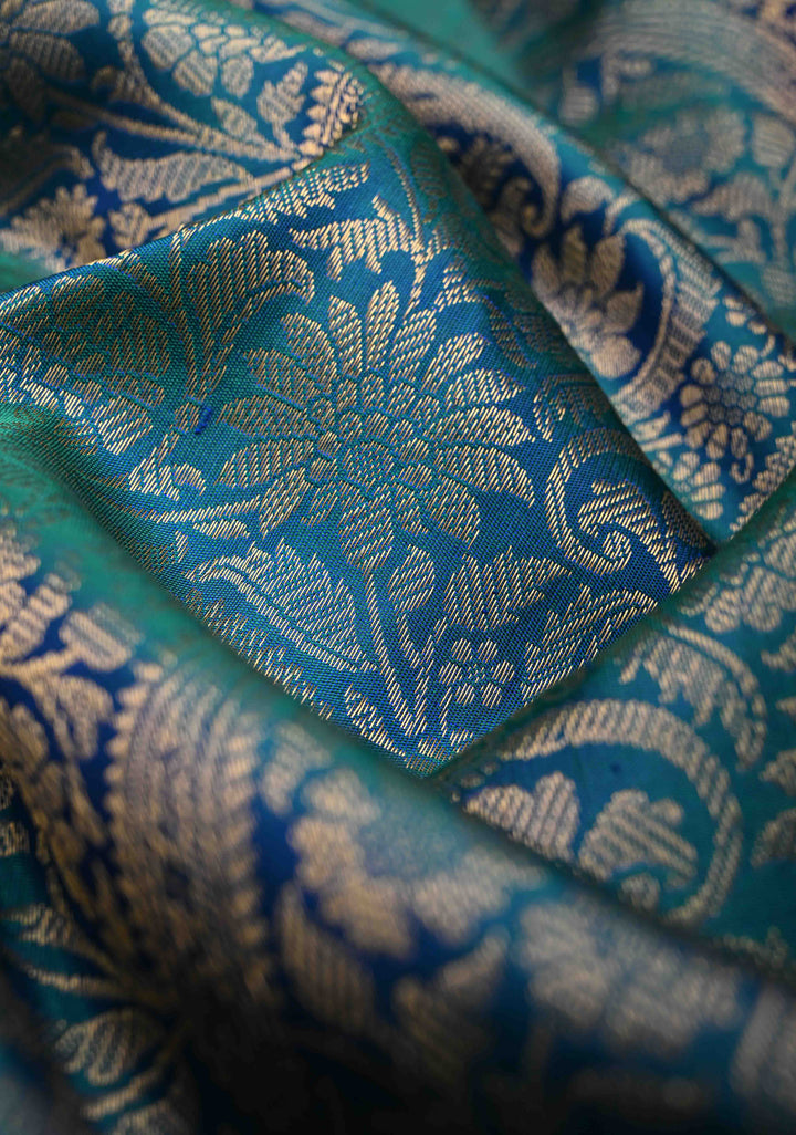 Stunning Peacock Blue Gadwal Pure Silk Saree with Pashmina Brocade and Meenakari Magenta Pallu | SILK MARK CERTIFIED