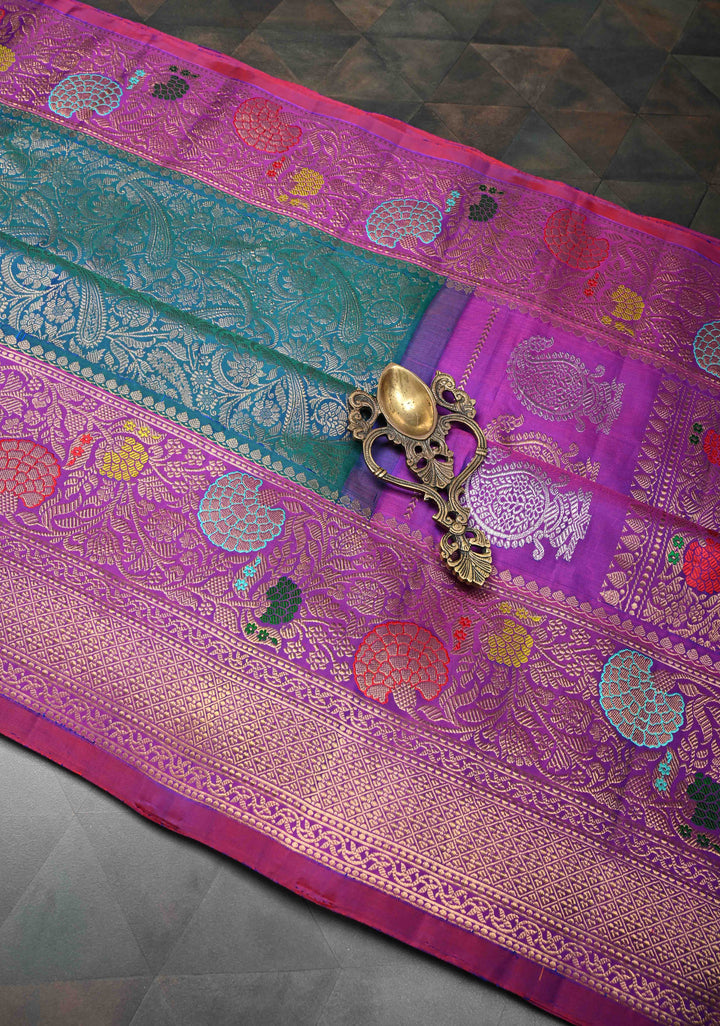 Stunning Peacock Blue Gadwal Pure Silk Saree with Pashmina Brocade and Meenakari Magenta Pallu | SILK MARK CERTIFIED