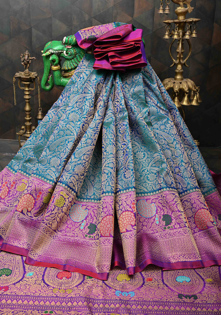 Stunning Peacock Blue Gadwal Pure Silk Saree with Pashmina Brocade and Meenakari Magenta Pallu | SILK MARK CERTIFIED